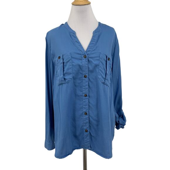 J Jill Shirt Women L Large Copen Blue Tab Sleeve Button Up Pockets Long Sleeve - Picture 1 of 14